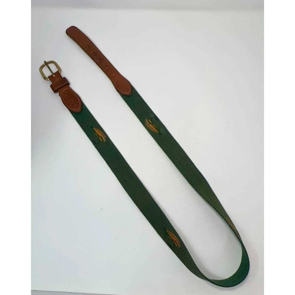 Smathers & Branson Needlepoint Belt Size 40 Green Fishing Lure Leather Canvas